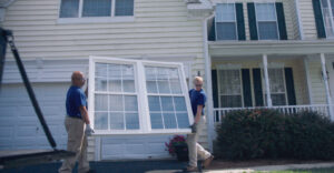 Window installers carrying new windows into a home