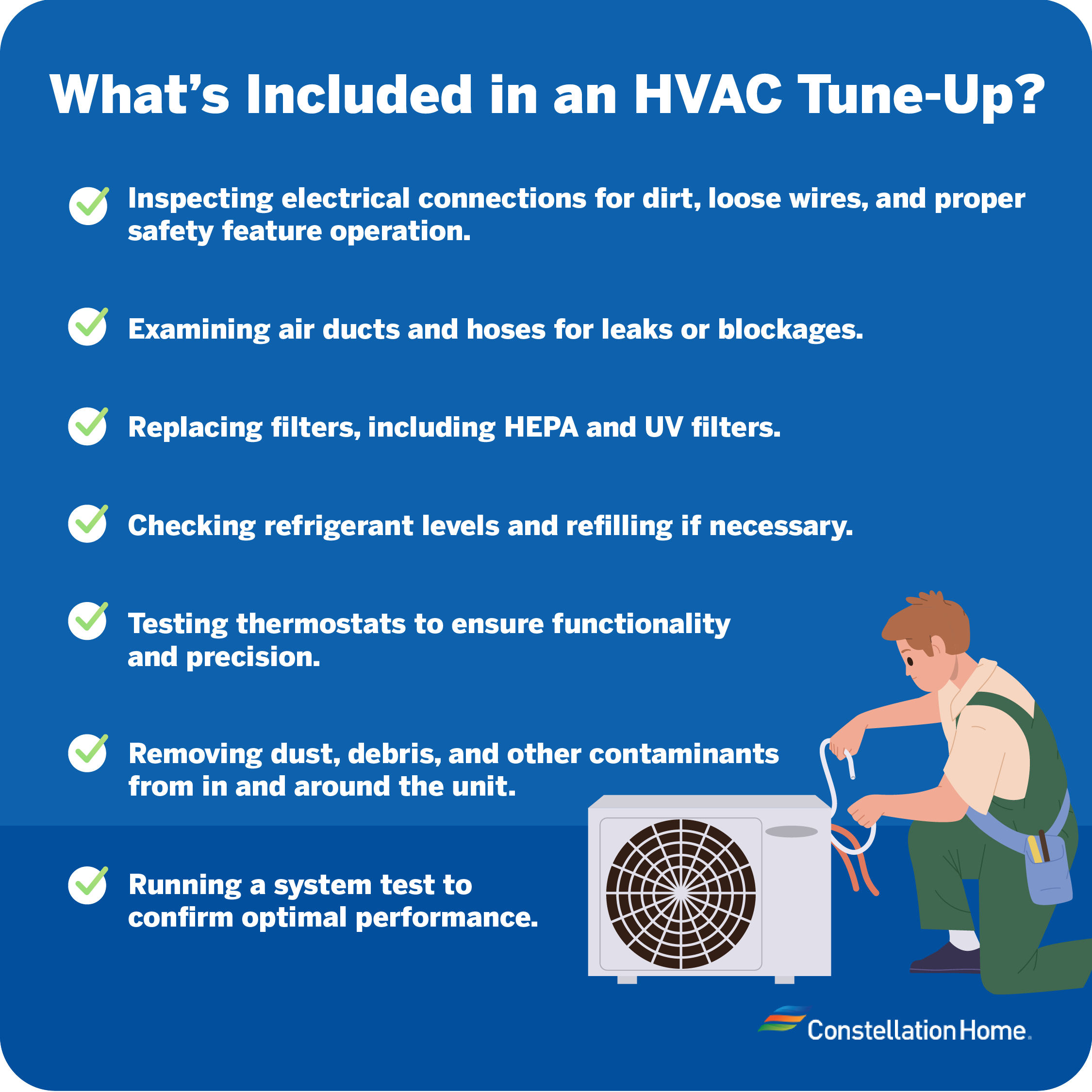 An illustration listing what's included in an HVAC tune-up from Constellation Home, with the content referenced below.