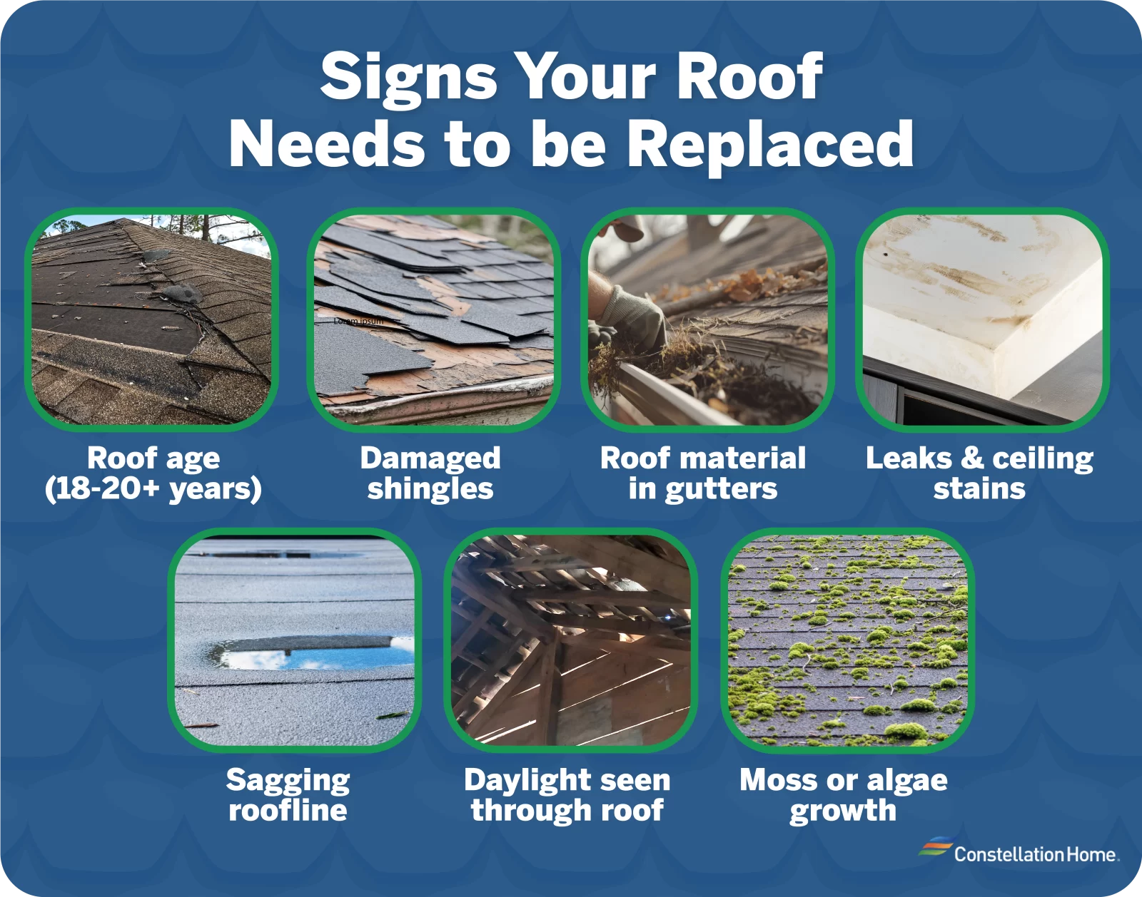 An illustration listing seven signs to replace your roof, including old age, damaged shingles, material in gutters, leaks and ceiling stains, sagging roofline, seeping daylight, and moss or algae growth.